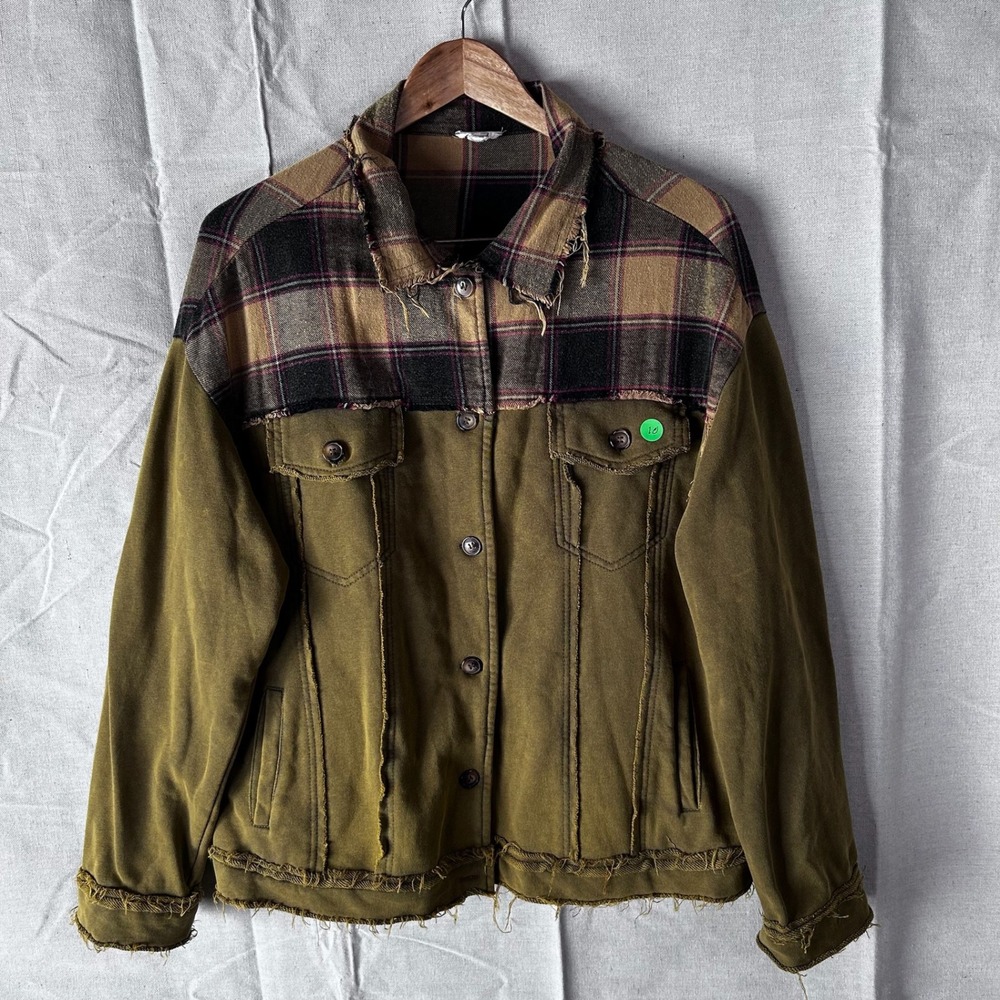 POL Mens Olive Green Plaid Raw‎ Hem Button Up Jacket YKJ9 Small